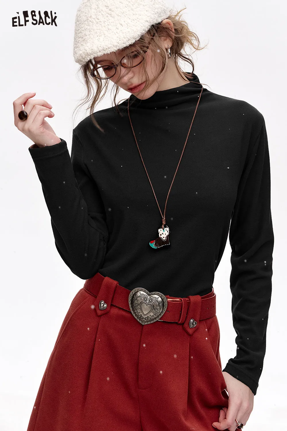 ELFSACK 2024 Winter New Arrivals Basic base T-shirt solid color long sleeved half high neck knitted sweater for women