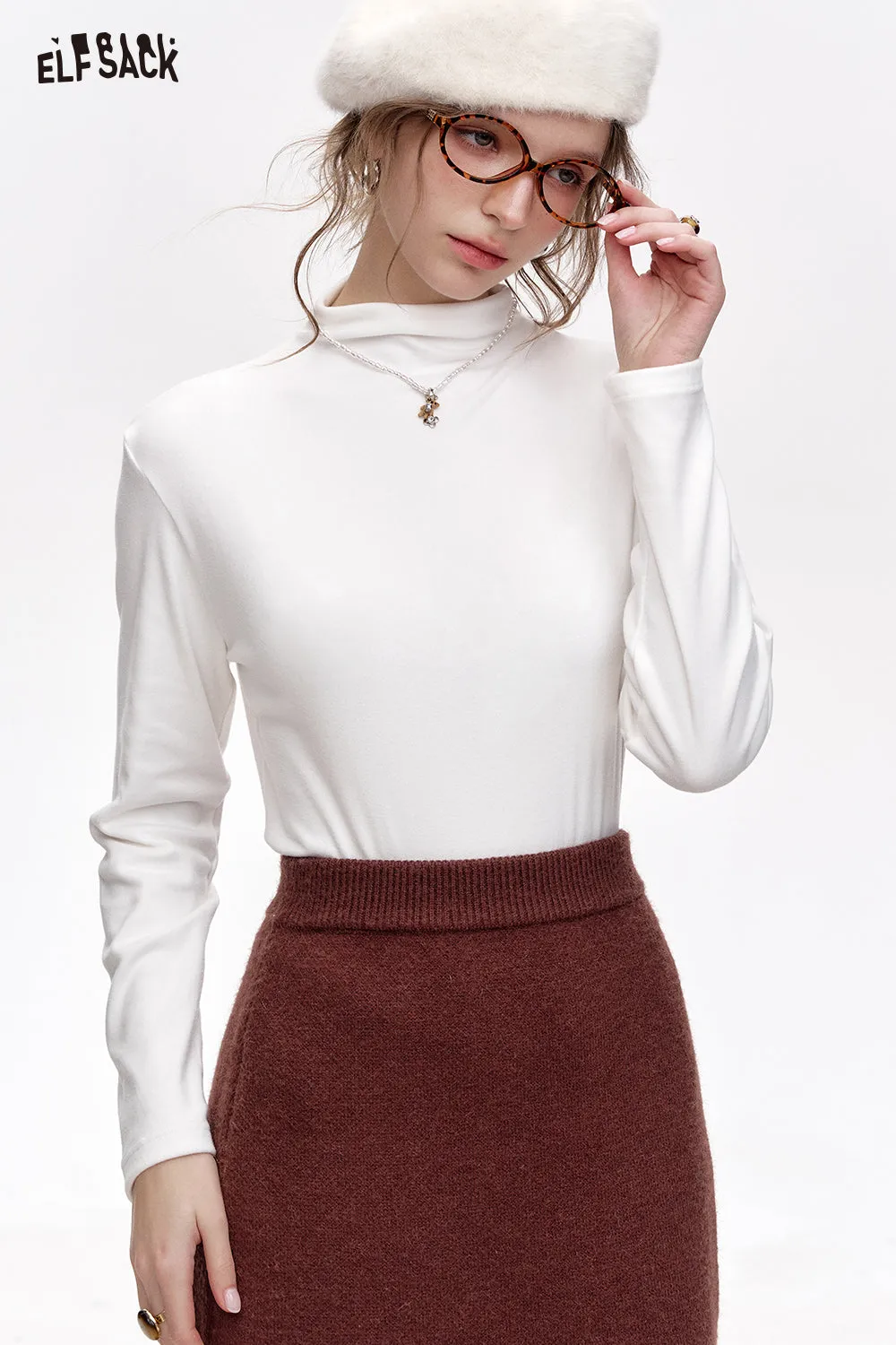ELFSACK 2024 Winter New Arrivals Basic base T-shirt solid color long sleeved half high neck knitted sweater for women