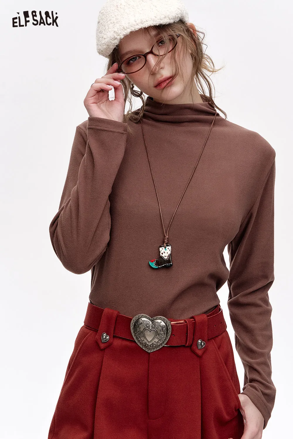 ELFSACK 2024 Winter New Arrivals Basic base T-shirt solid color long sleeved half high neck knitted sweater for women