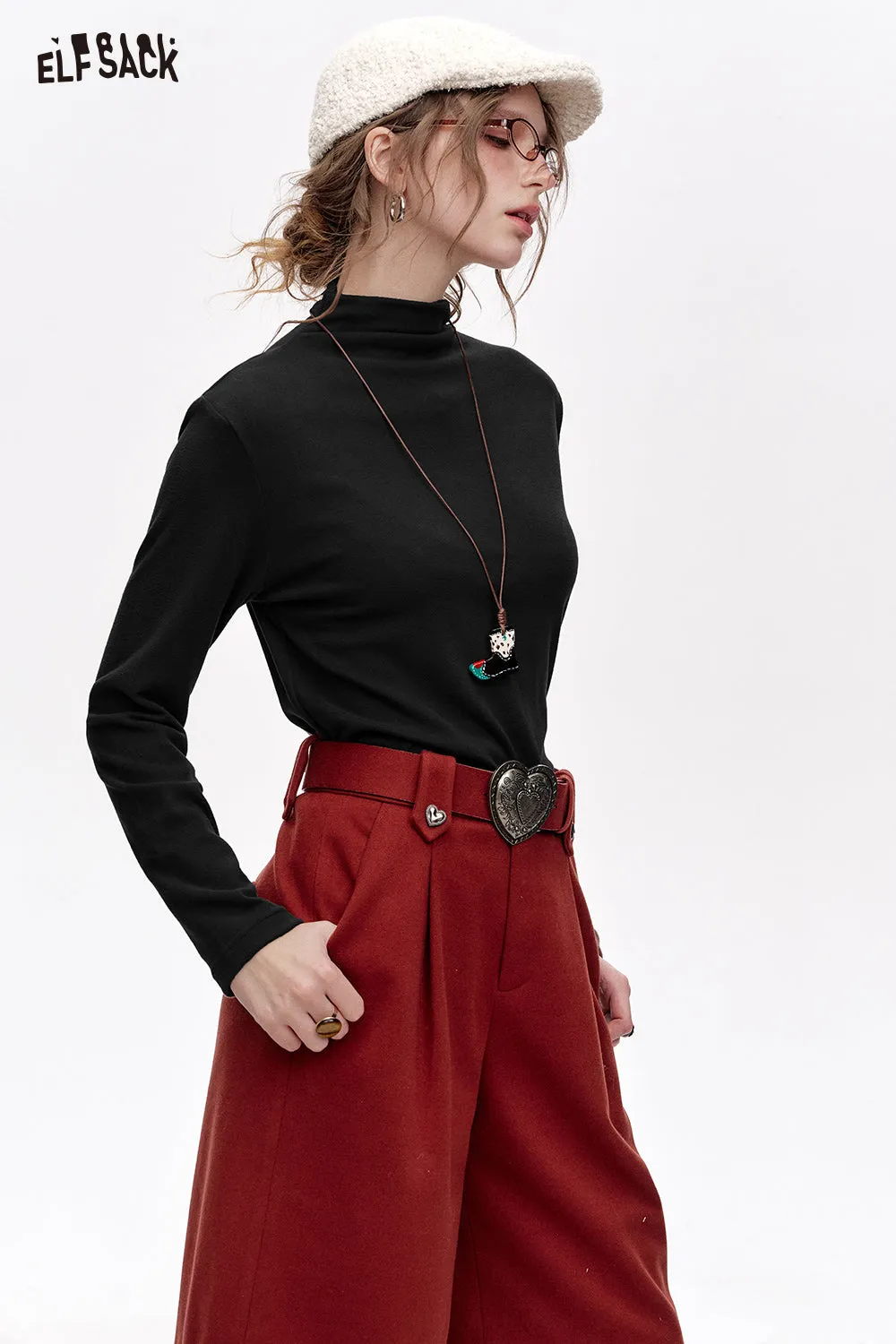 ELFSACK 2024 Winter New Arrivals Basic base T-shirt solid color long sleeved half high neck knitted sweater for women