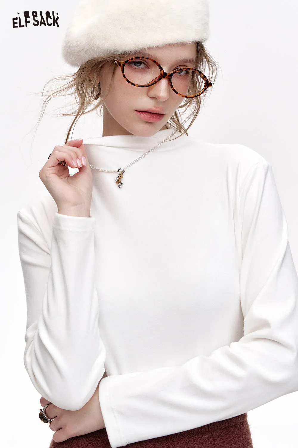 ELFSACK 2024 Winter New Arrivals Basic base T-shirt solid color long sleeved half high neck knitted sweater for women