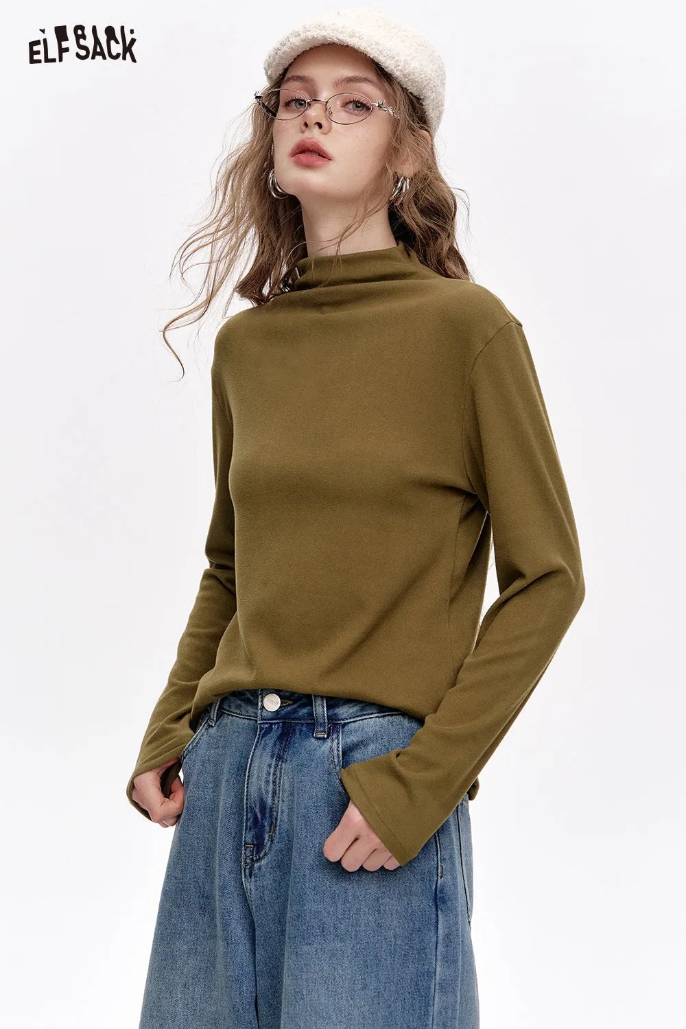 ELFSACK 2024 Winter New Arrivals Basic base T-shirt solid color long sleeved half high neck knitted sweater for women