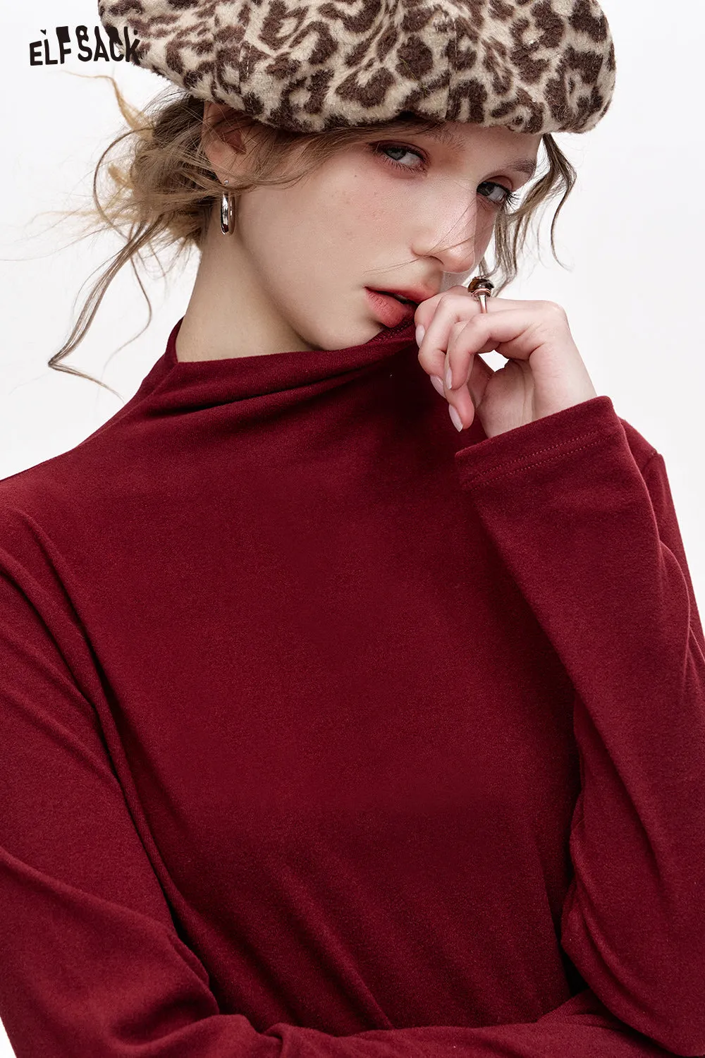 ELFSACK 2024 Winter New Arrivals Basic base T-shirt solid color long sleeved half high neck knitted sweater for women