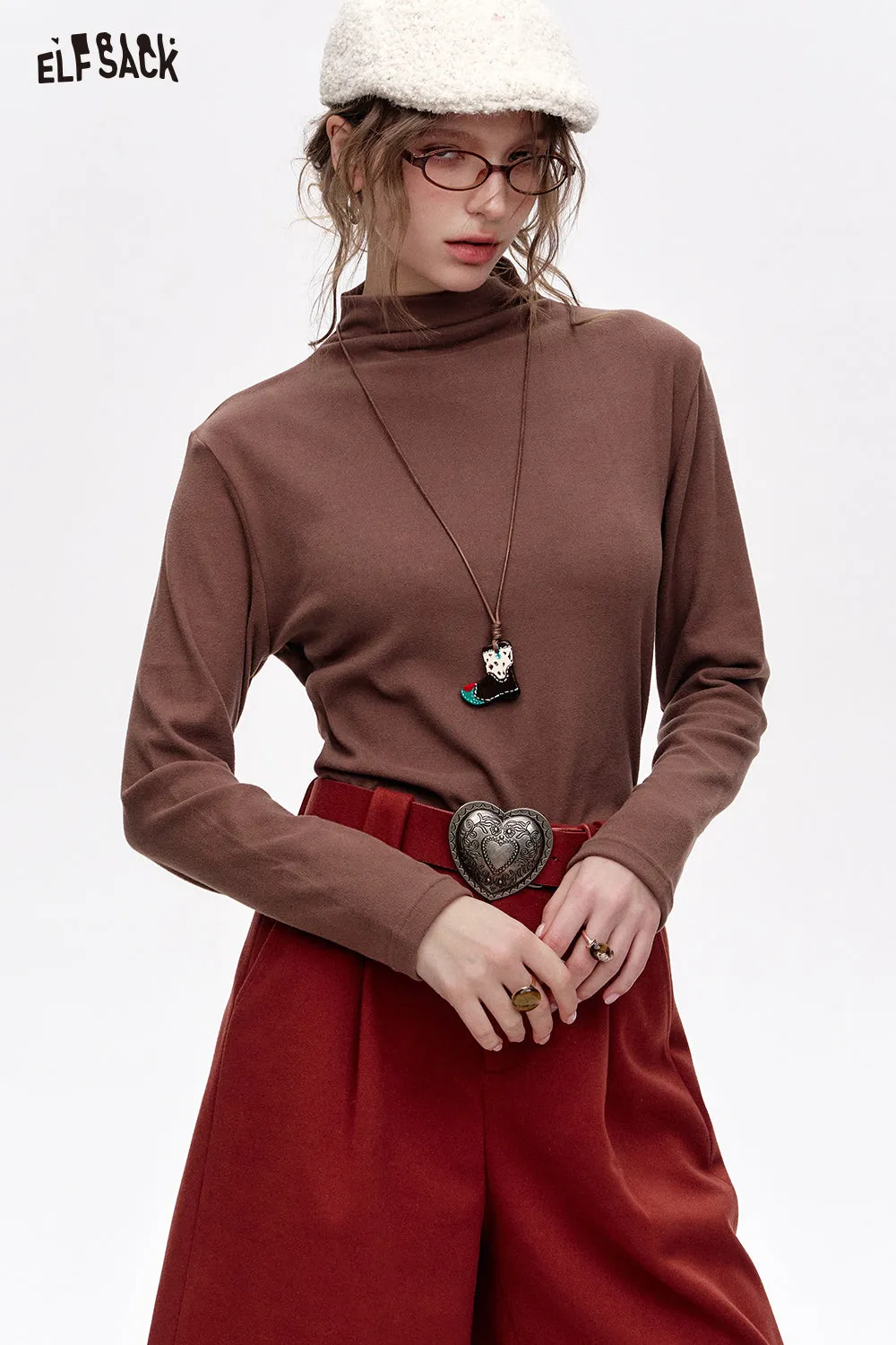 ELFSACK 2024 Winter New Arrivals Basic base T-shirt solid color long sleeved half high neck knitted sweater for women