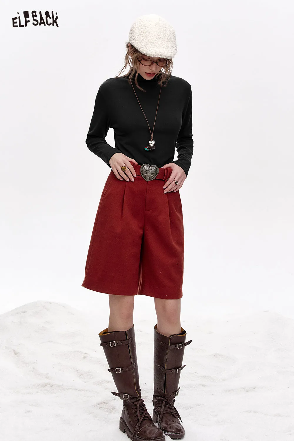 ELFSACK 2024 Winter New Arrivals Basic base T-shirt solid color long sleeved half high neck knitted sweater for women