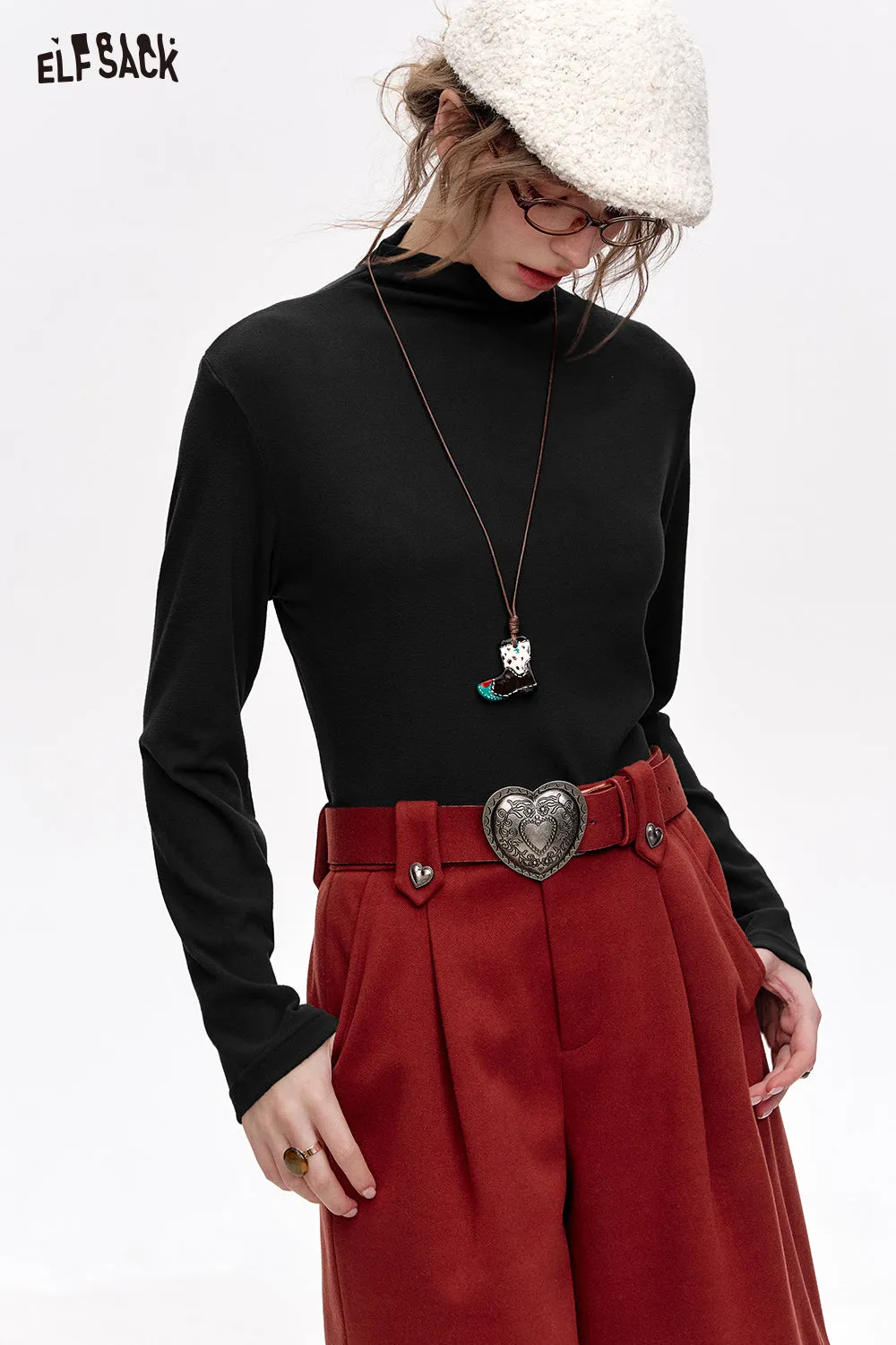 ELFSACK 2024 Winter New Arrivals Basic base T-shirt solid color long sleeved half high neck knitted sweater for women