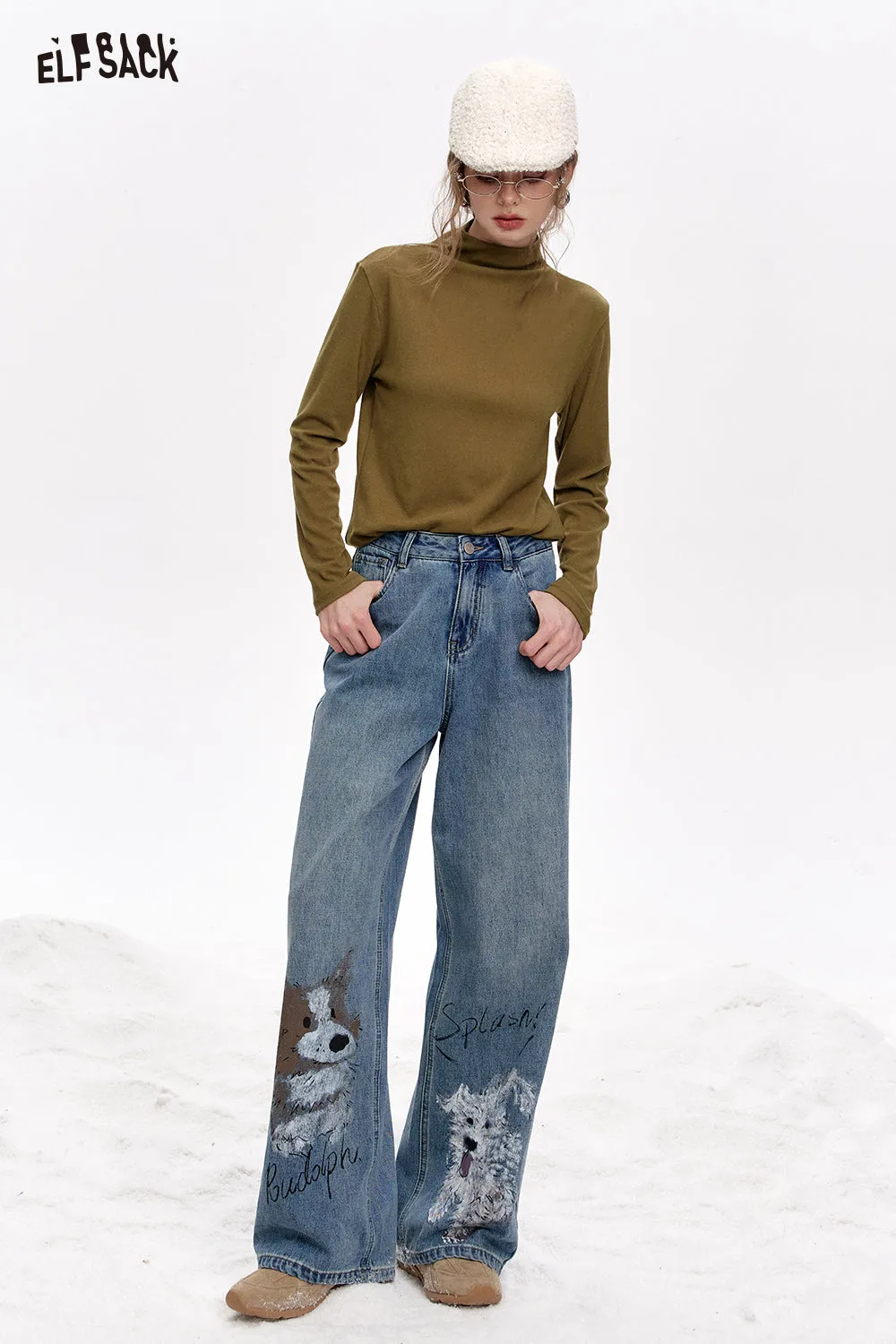 ELFSACK 2024 Winter New Arrivals Basic base T-shirt solid color long sleeved half high neck knitted sweater for women