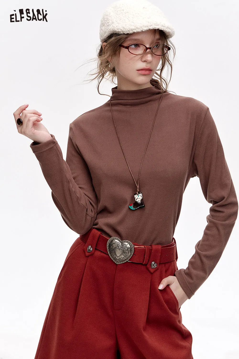 ELFSACK 2024 Winter New Arrivals Basic base T-shirt solid color long sleeved half high neck knitted sweater for women
