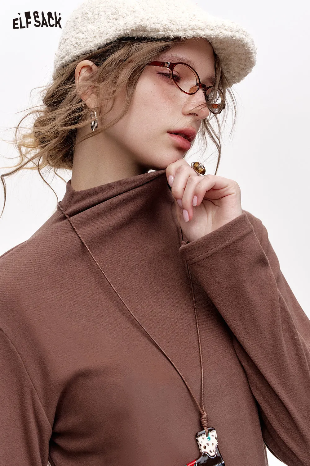 ELFSACK 2024 Winter New Arrivals Basic base T-shirt solid color long sleeved half high neck knitted sweater for women