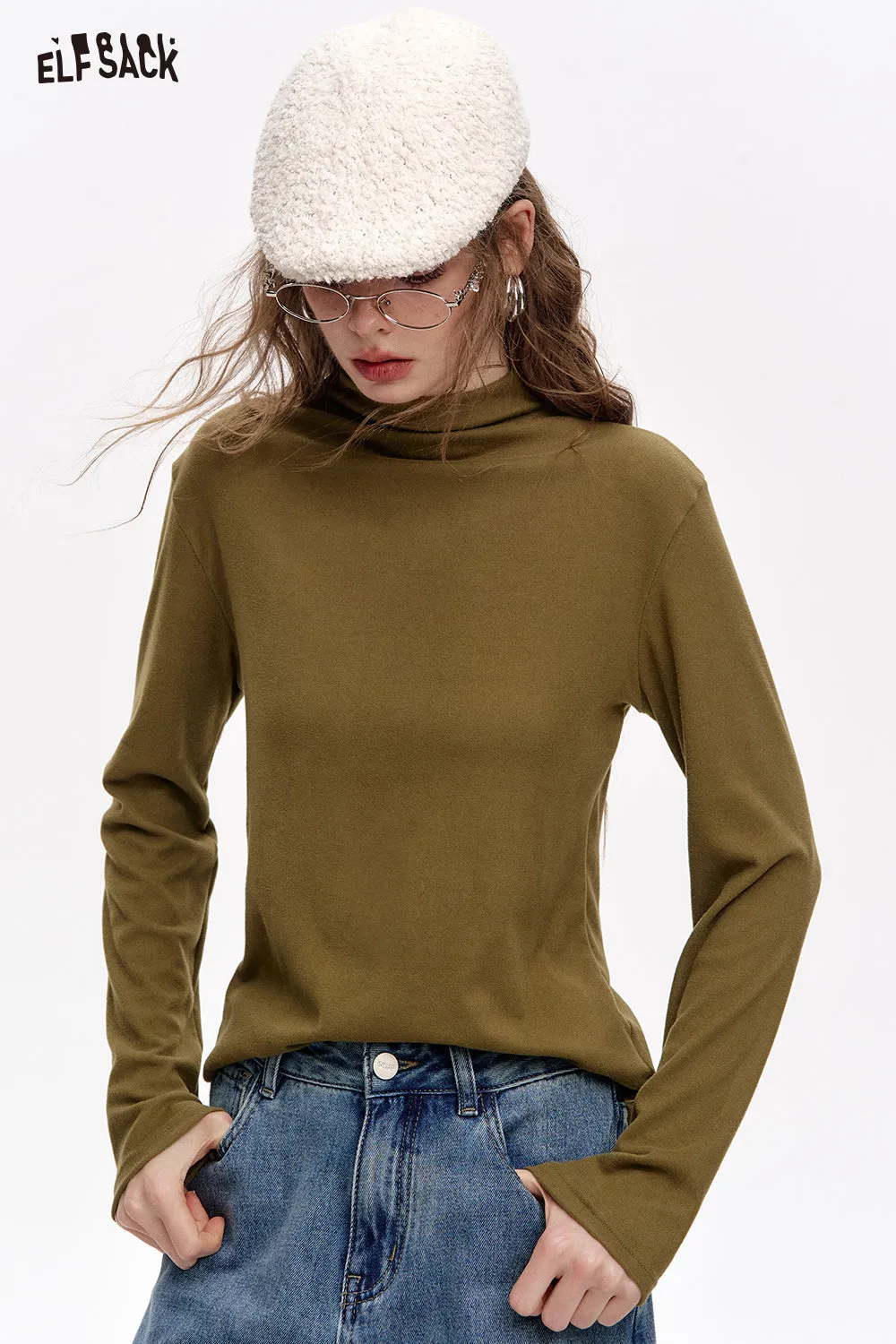 ELFSACK 2024 Winter New Arrivals Basic base T-shirt solid color long sleeved half high neck knitted sweater for women
