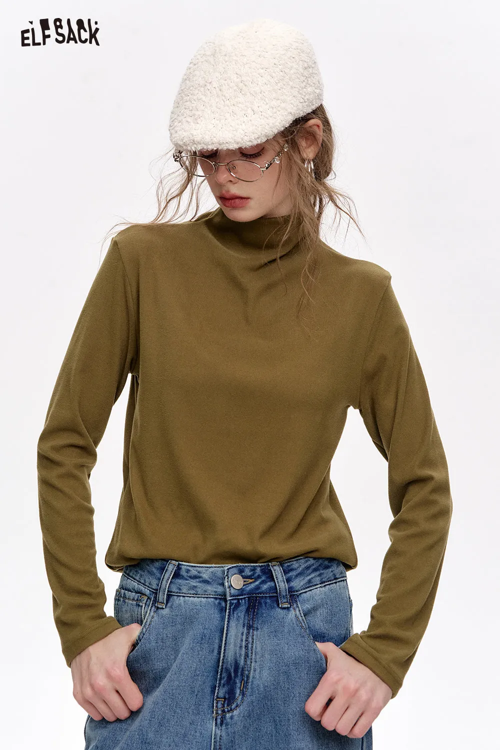 ELFSACK 2024 Winter New Arrivals Basic base T-shirt solid color long sleeved half high neck knitted sweater for women