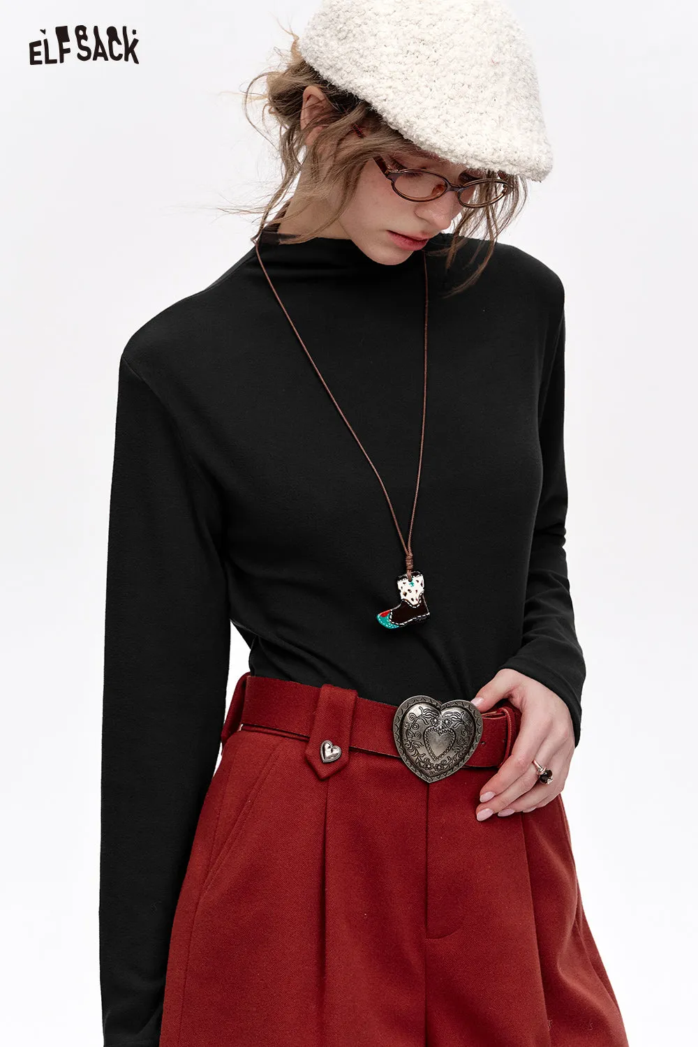 ELFSACK 2024 Winter New Arrivals Basic base T-shirt solid color long sleeved half high neck knitted sweater for women