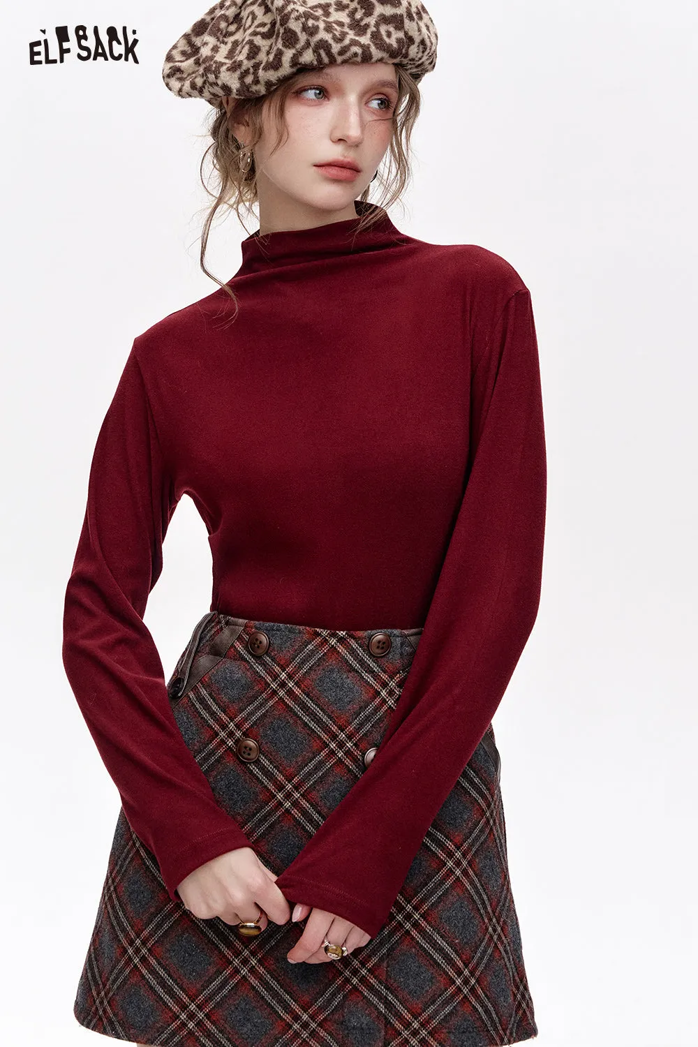 ELFSACK 2024 Winter New Arrivals Basic base T-shirt solid color long sleeved half high neck knitted sweater for women
