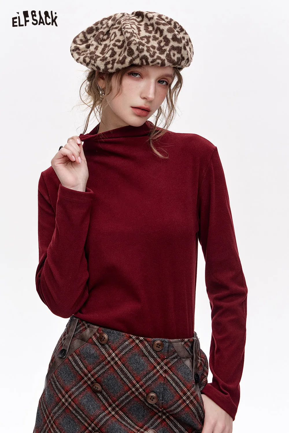 ELFSACK 2024 Winter New Arrivals Basic base T-shirt solid color long sleeved half high neck knitted sweater for women
