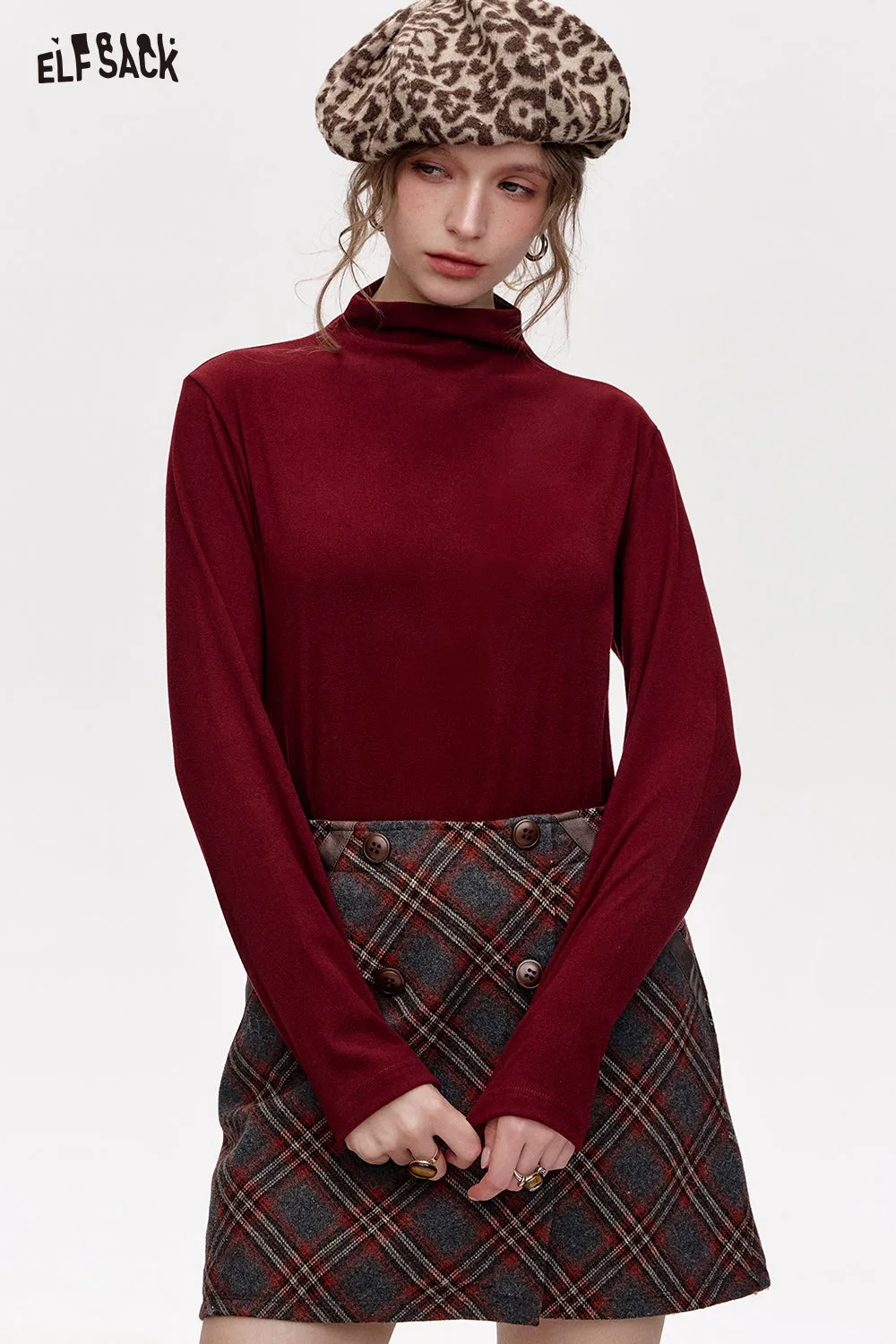 ELFSACK 2024 Winter New Arrivals Basic base T-shirt solid color long sleeved half high neck knitted sweater for women