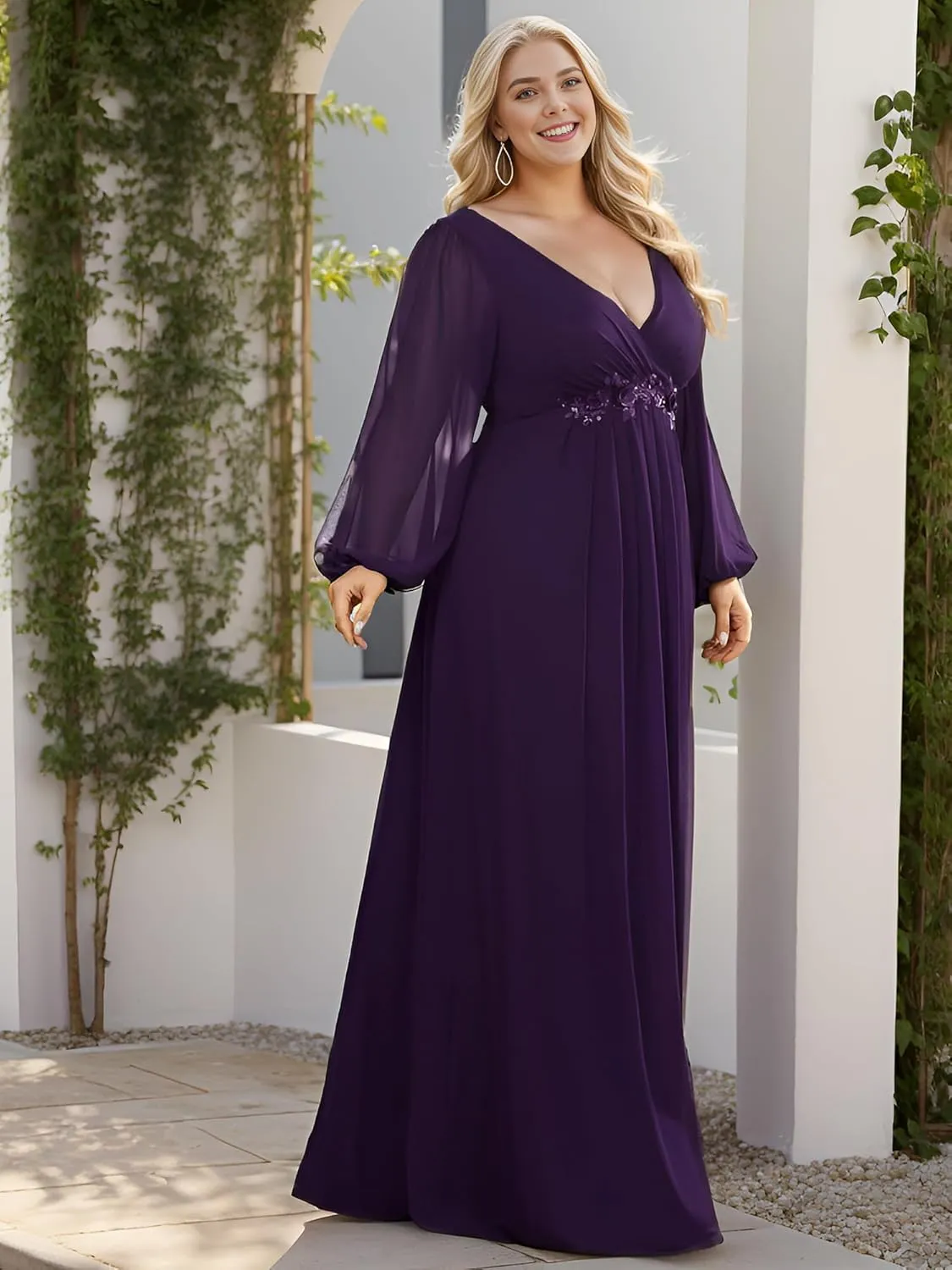 Ever-Pretty V Neck Long Sleeves Applique Chiffon Plus Size Floor Length Formal Evening Dresses for Curvy Women 00461-DA