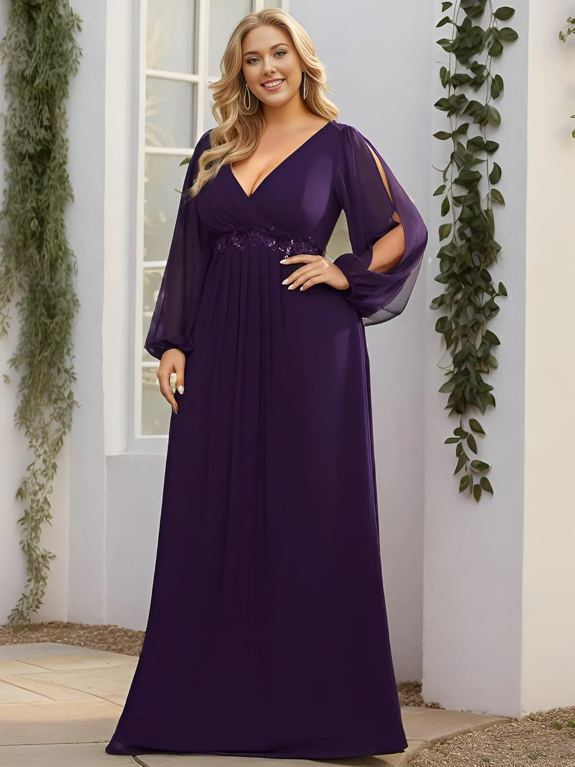 Ever-Pretty V Neck Long Sleeves Applique Chiffon Plus Size Floor Length Formal Evening Dresses for Curvy Women 00461-DA