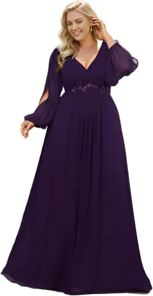 Ever-Pretty V Neck Long Sleeves Applique Chiffon Plus Size Floor Length Formal Evening Dresses for Curvy Women 00461-DA