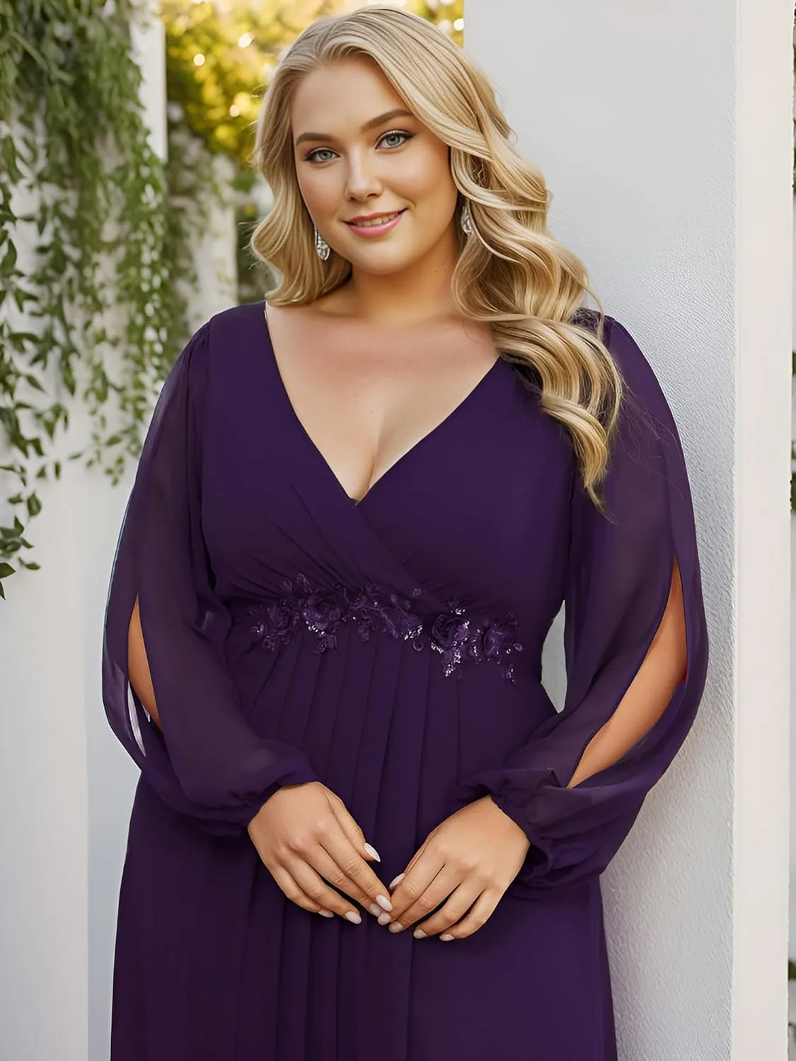 Ever-Pretty V Neck Long Sleeves Applique Chiffon Plus Size Floor Length Formal Evening Dresses for Curvy Women 00461-DA