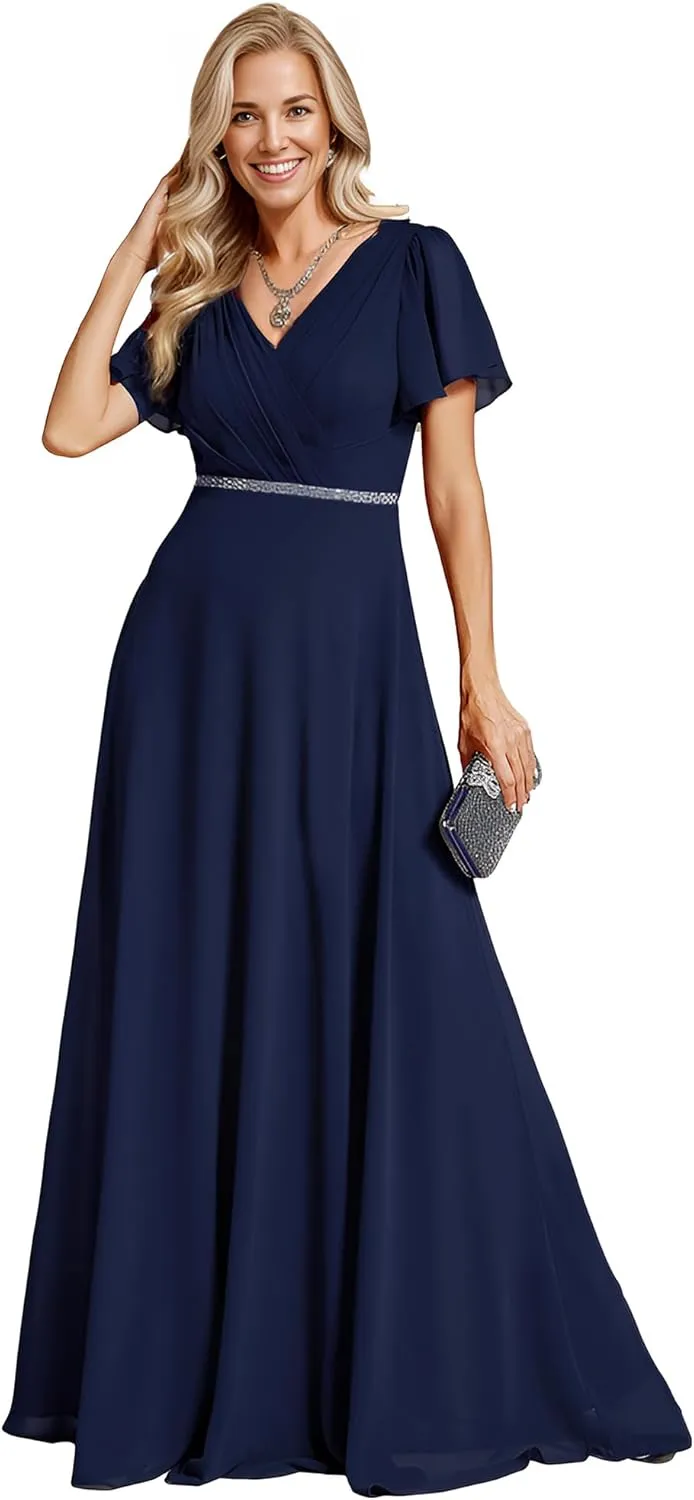 Ever-Pretty Women's Chiffon Formal Dress A-Line V Neck Ruffle Sleeves Floor Length Evening Gown 11981