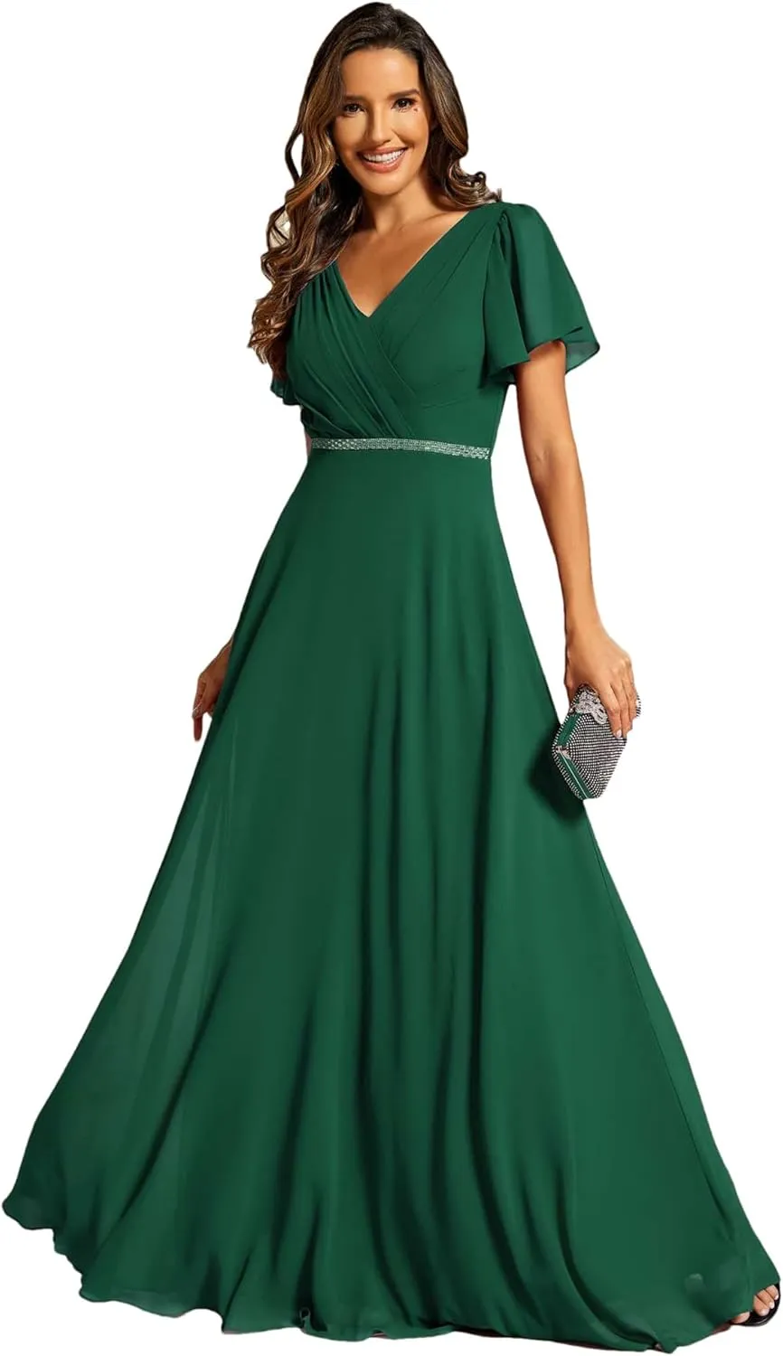 Ever-Pretty Women's Chiffon Formal Dress A-Line V Neck Ruffle Sleeves Floor Length Evening Gown 11981