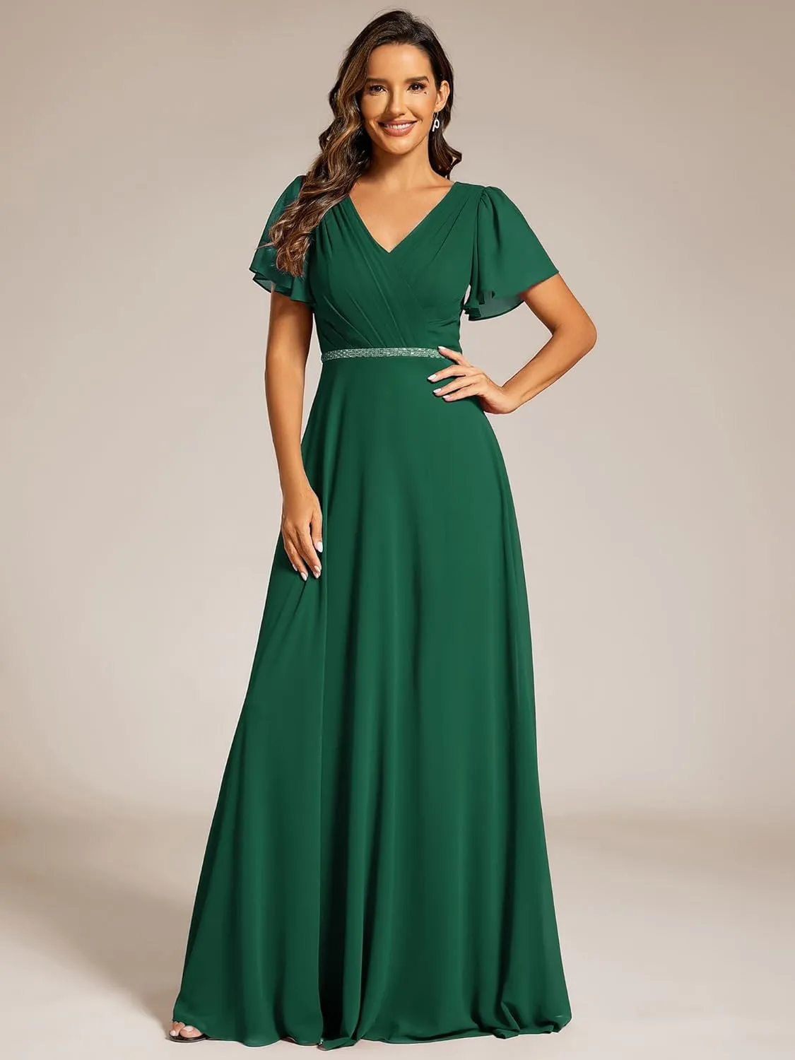 Ever-Pretty Women's Chiffon Formal Dress A-Line V Neck Ruffle Sleeves Floor Length Evening Gown 11981