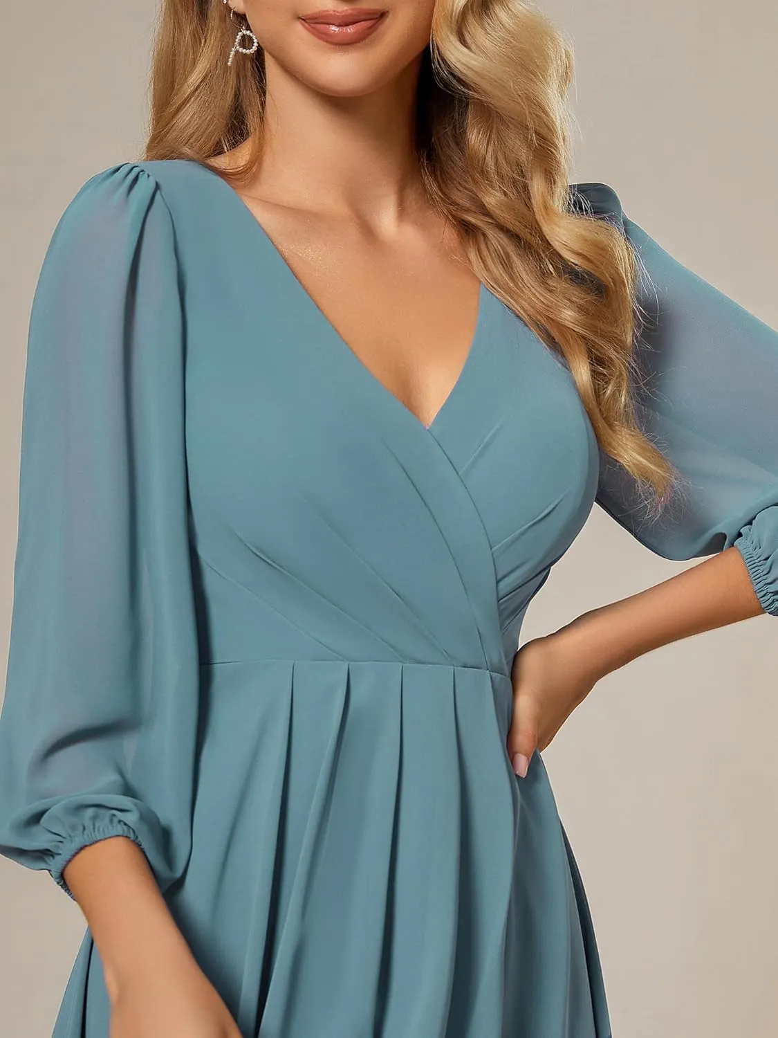 Ever-Pretty Women's Chiffon V Neck Long Sleeves Pleated A-Line Midi Length Wedding Guest Dress 01926