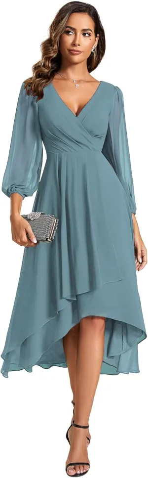 Ever-Pretty Women's Chiffon V Neck Long Sleeves Pleated A-Line Midi Length Wedding Guest Dress 01926