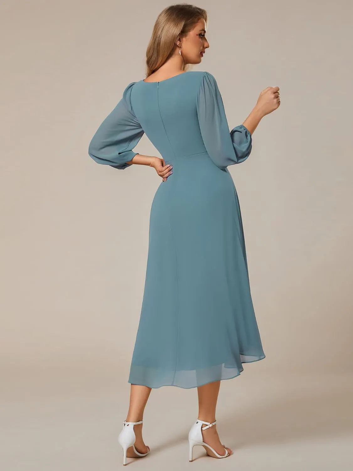 Ever-Pretty Women's Chiffon V Neck Long Sleeves Pleated A-Line Midi Length Wedding Guest Dress 01926