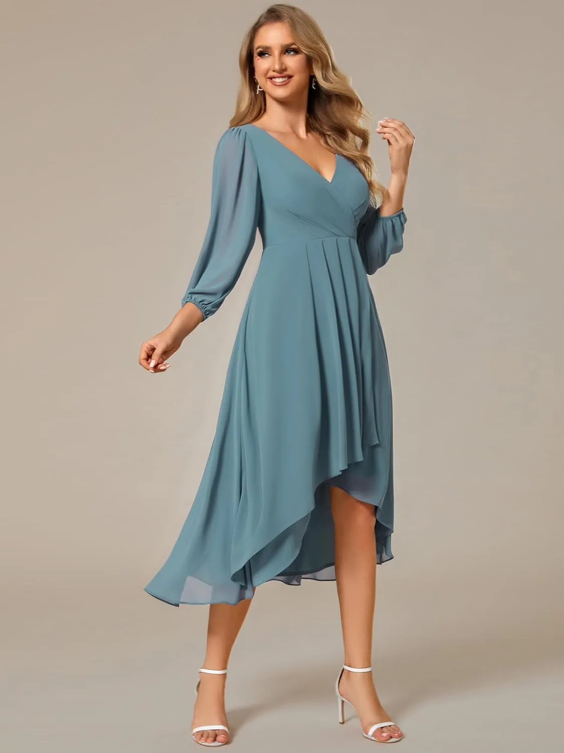 Ever-Pretty Women's Chiffon V Neck Long Sleeves Pleated A-Line Midi Length Wedding Guest Dress 01926