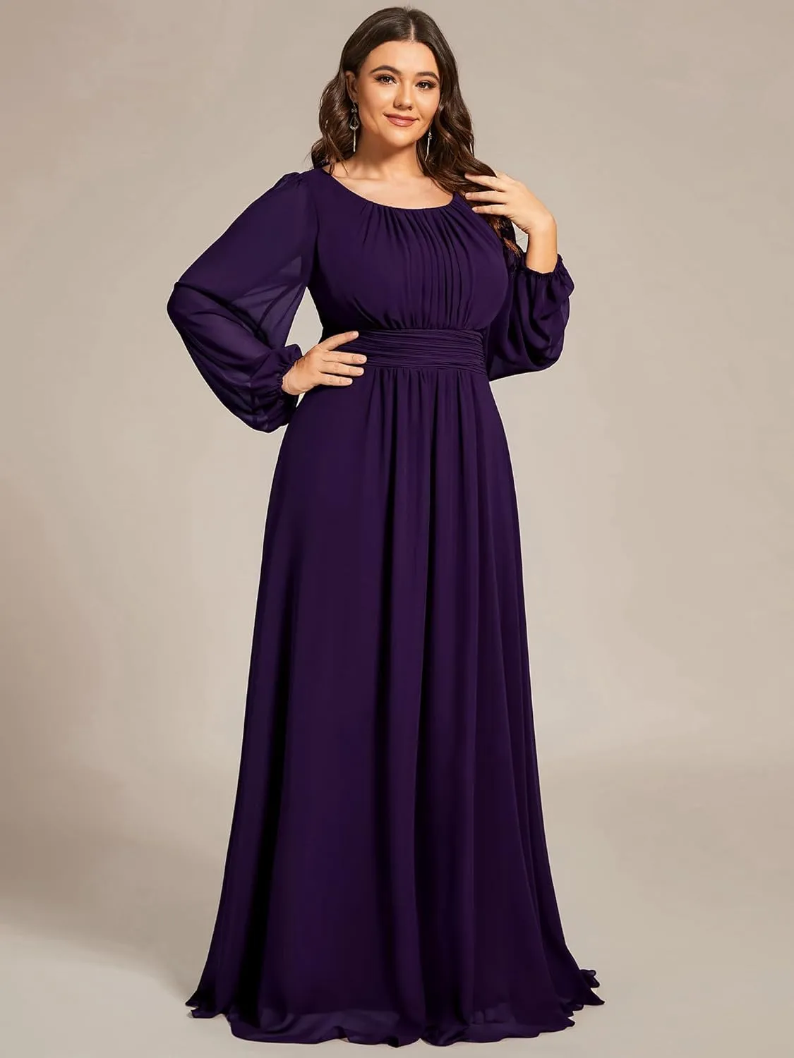 Ever-Pretty Women's Round Neck Long Lantern Sleeves Elastic Band Chiffon Plus Size Formal Gown Bridesmaid Dresses 0106B-DA