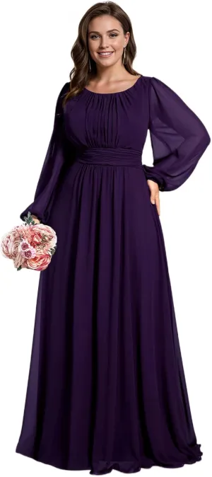 Ever-Pretty Women's Round Neck Long Lantern Sleeves Elastic Band Chiffon Plus Size Formal Gown Bridesmaid Dresses 0106B-DA