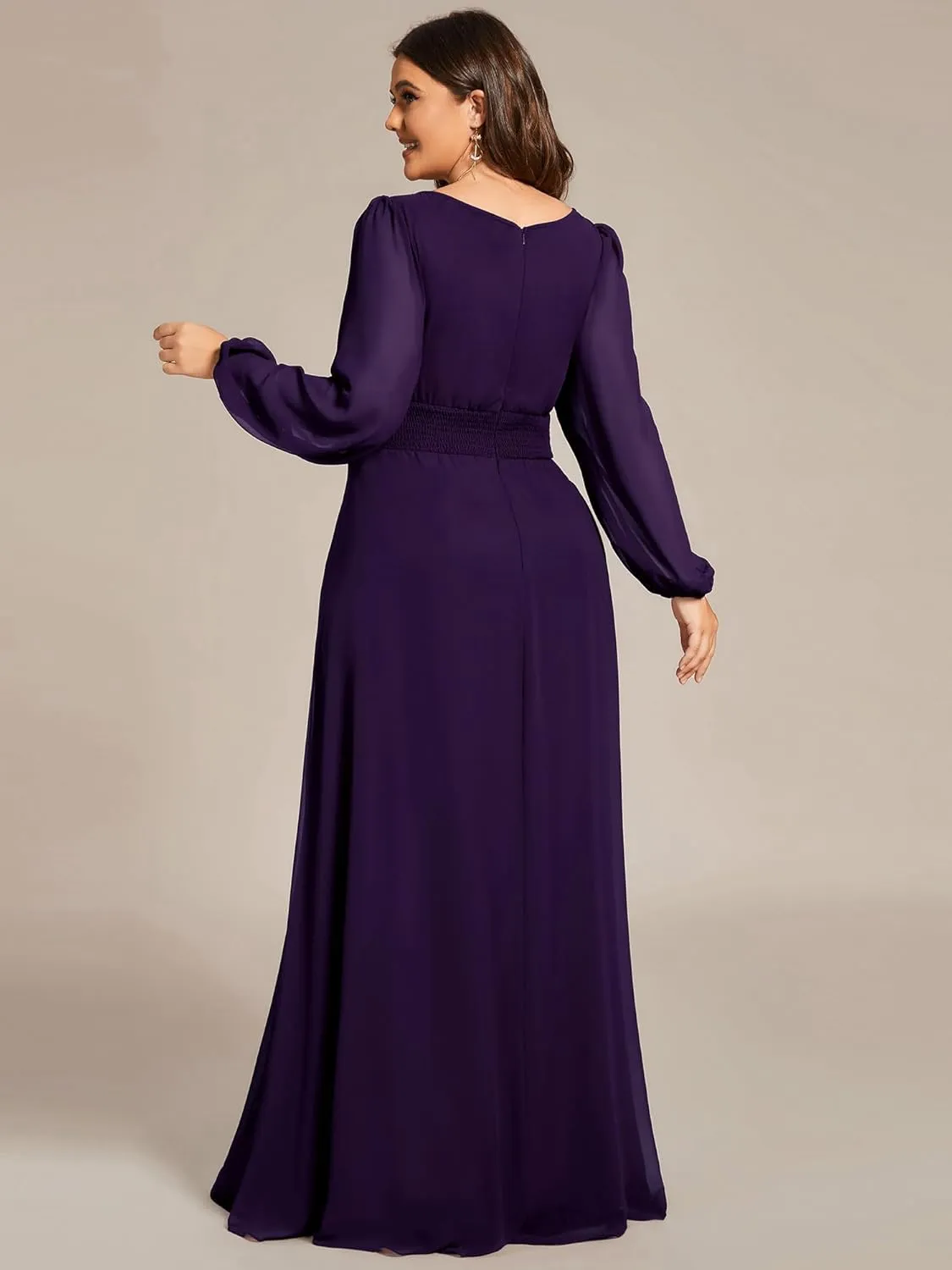 Ever-Pretty Women's Round Neck Long Lantern Sleeves Elastic Band Chiffon Plus Size Formal Gown Bridesmaid Dresses 0106B-DA