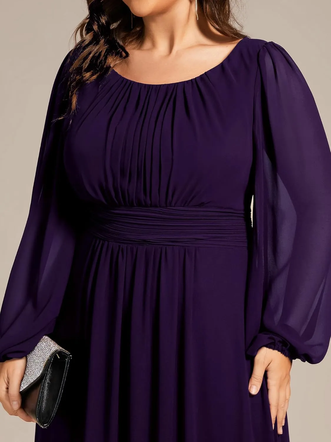 Ever-Pretty Women's Round Neck Long Lantern Sleeves Elastic Band Chiffon Plus Size Formal Gown Bridesmaid Dresses 0106B-DA