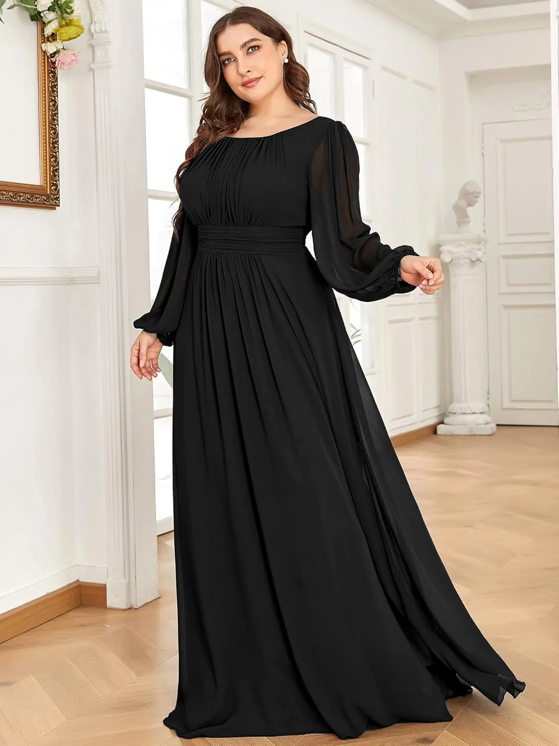 Ever-Pretty Women's Round Neck Long Lantern Sleeves Elastic Band Chiffon Plus Size Formal Gown Bridesmaid Dresses 0106B-DA