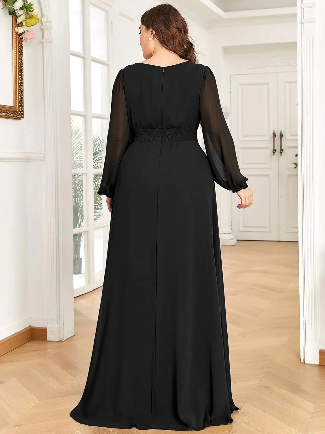 Ever-Pretty Women's Round Neck Long Lantern Sleeves Elastic Band Chiffon Plus Size Formal Gown Bridesmaid Dresses 0106B-DA