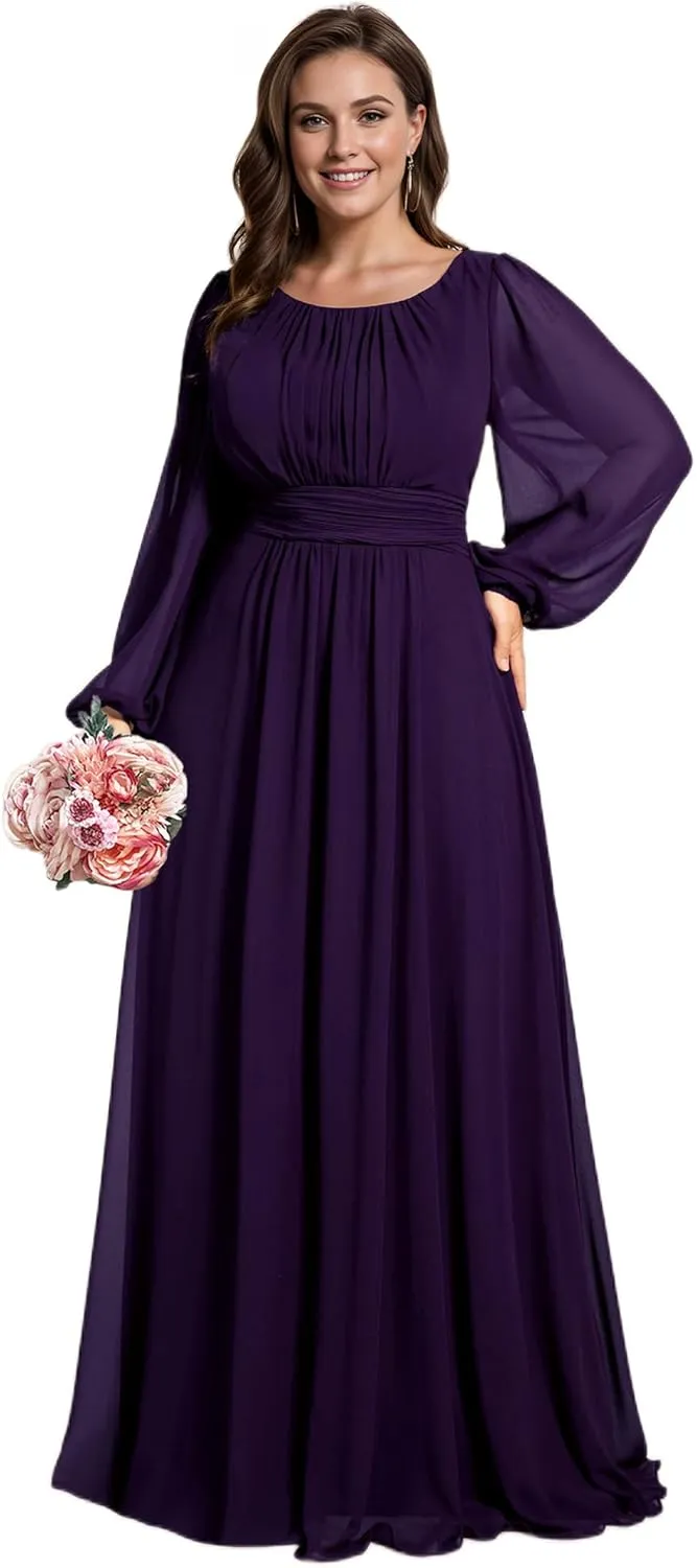 Ever-Pretty Women's Round Neck Long Lantern Sleeves Elastic Band Chiffon Plus Size Formal Gown Bridesmaid Dresses 0106B-DA