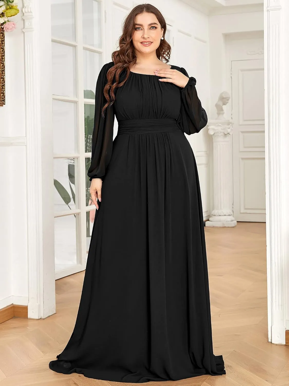 Ever-Pretty Women's Round Neck Long Lantern Sleeves Elastic Band Chiffon Plus Size Formal Gown Bridesmaid Dresses 0106B-DA