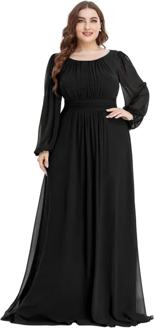 Ever-Pretty Women's Round Neck Long Lantern Sleeves Elastic Band Chiffon Plus Size Formal Gown Bridesmaid Dresses 0106B-DA