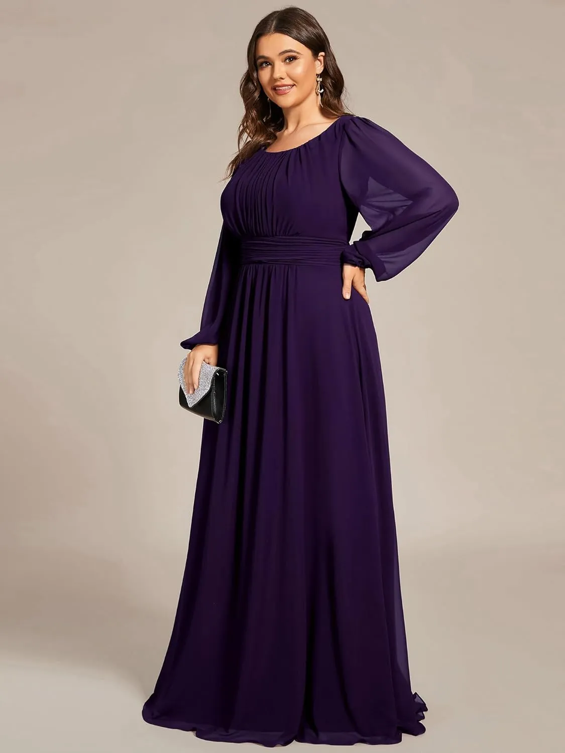 Ever-Pretty Women's Round Neck Long Lantern Sleeves Elastic Band Chiffon Plus Size Formal Gown Bridesmaid Dresses 0106B-DA