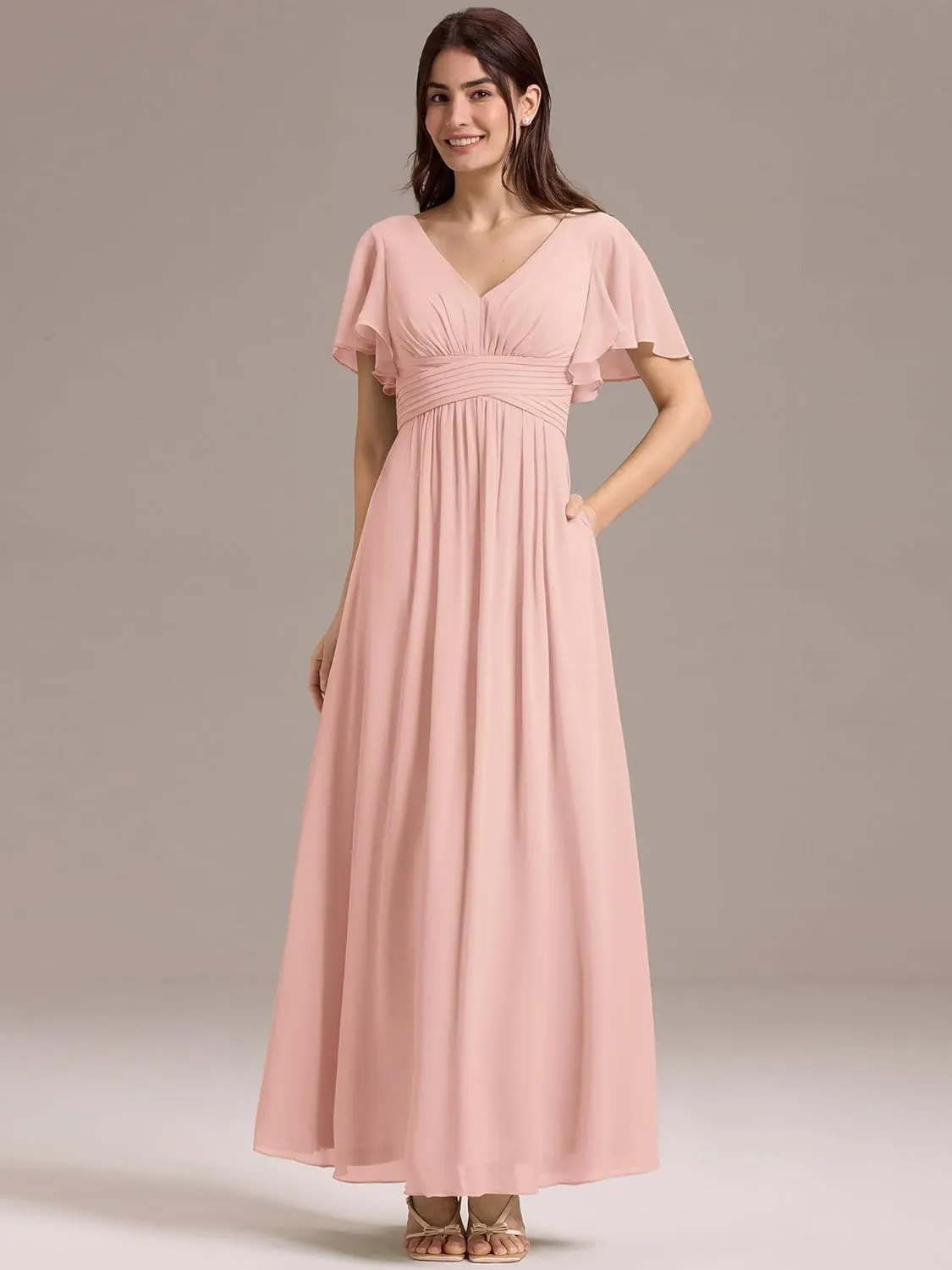 Ever-Pretty Women's Summer V Neck Chiffon Pleated Empire Waist Bandage Bridesmaid Dress with Pockets 02360