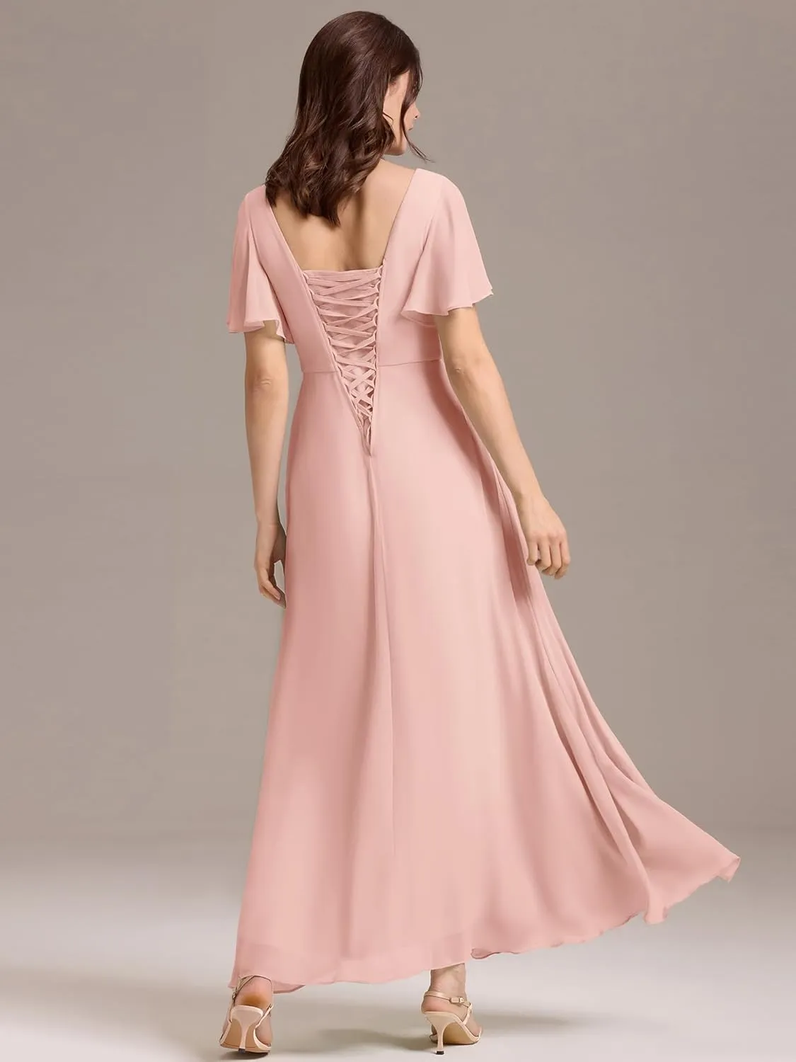Ever-Pretty Women's Summer V Neck Chiffon Pleated Empire Waist Bandage Bridesmaid Dress with Pockets 02360