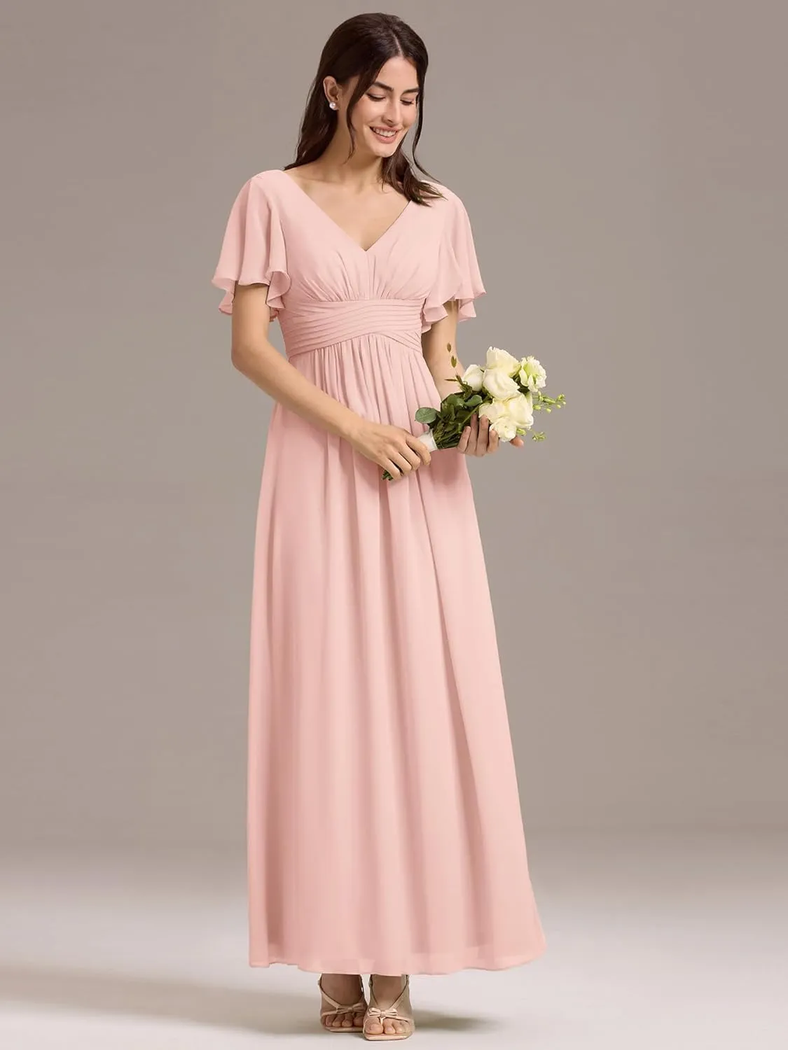 Ever-Pretty Women's Summer V Neck Chiffon Pleated Empire Waist Bandage Bridesmaid Dress with Pockets 02360