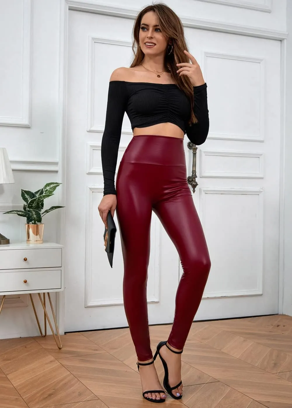 Everbellus Sexy Womens Faux Leather High Waisted Leggings