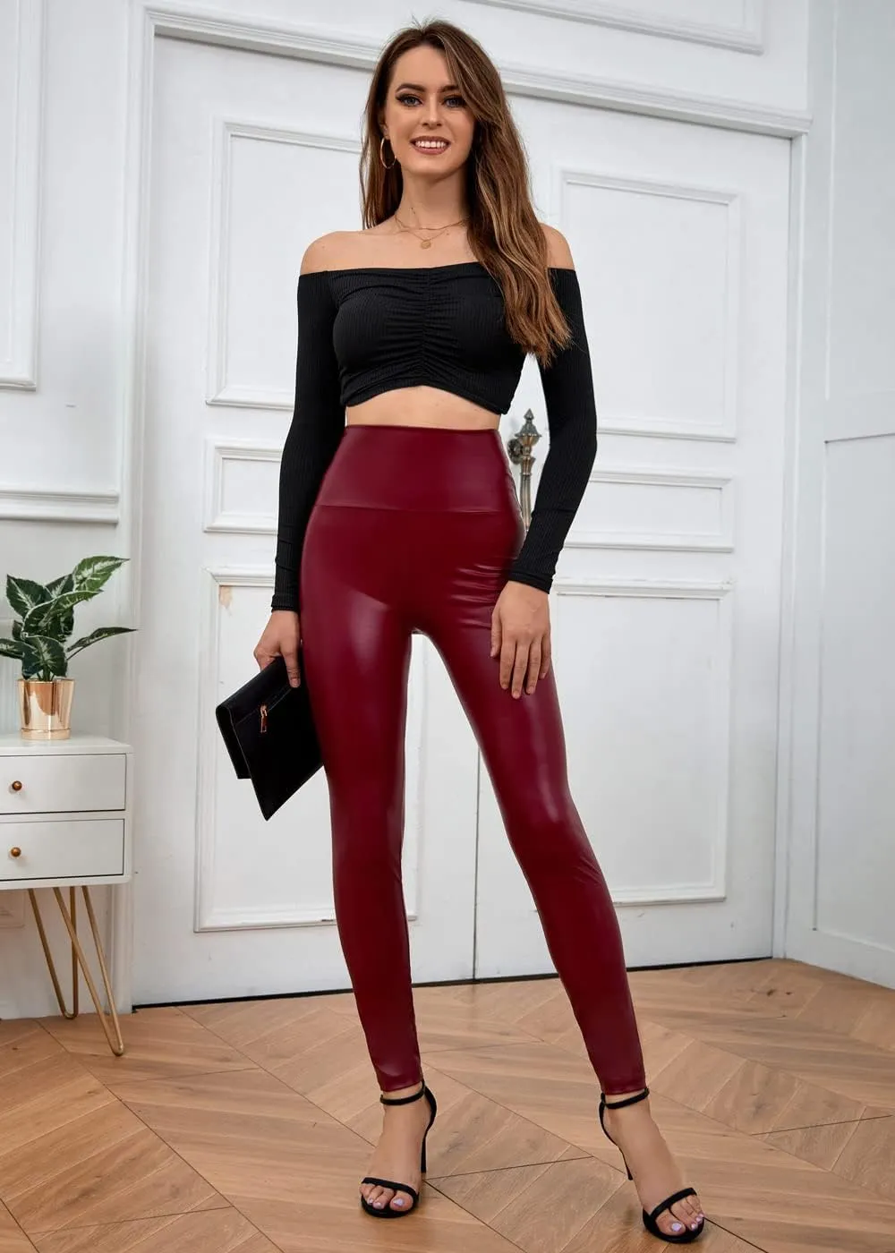 Everbellus Sexy Womens Faux Leather High Waisted Leggings