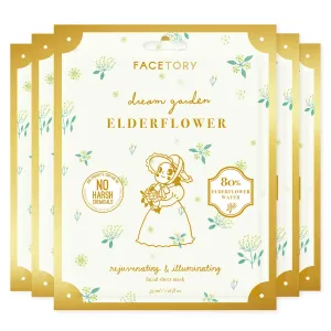 FaceTory Dream Garden Elderflower Rejuvenating Sheet Mask with Elderflower Water - For All Skin Types, Made in Korea - Moisturizing, Illuminating, Calming (Pack of 5)