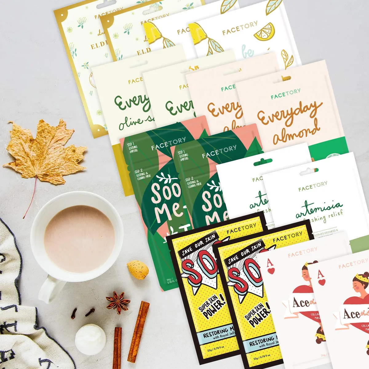 FaceTory Fall Basics Sheet Mask Bundle (16 Sheet Masks) Calming, Hydrating, Balancing, Moisturizing | For All Skin Types