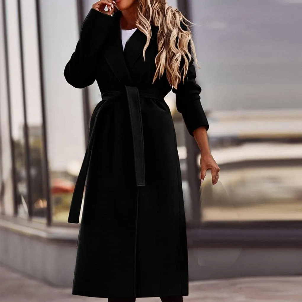 Fall Cardigan for Women 2022 Solid Lapel Collar Trench Coat Open Front Mid Length Wool Blend Coat Elegant Pea Coat