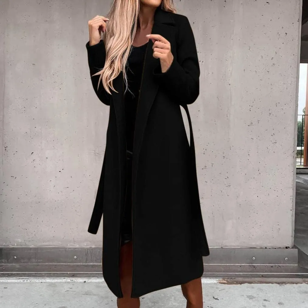 Fall Cardigan for Women 2022 Solid Lapel Collar Trench Coat Open Front Mid Length Wool Blend Coat Elegant Pea Coat