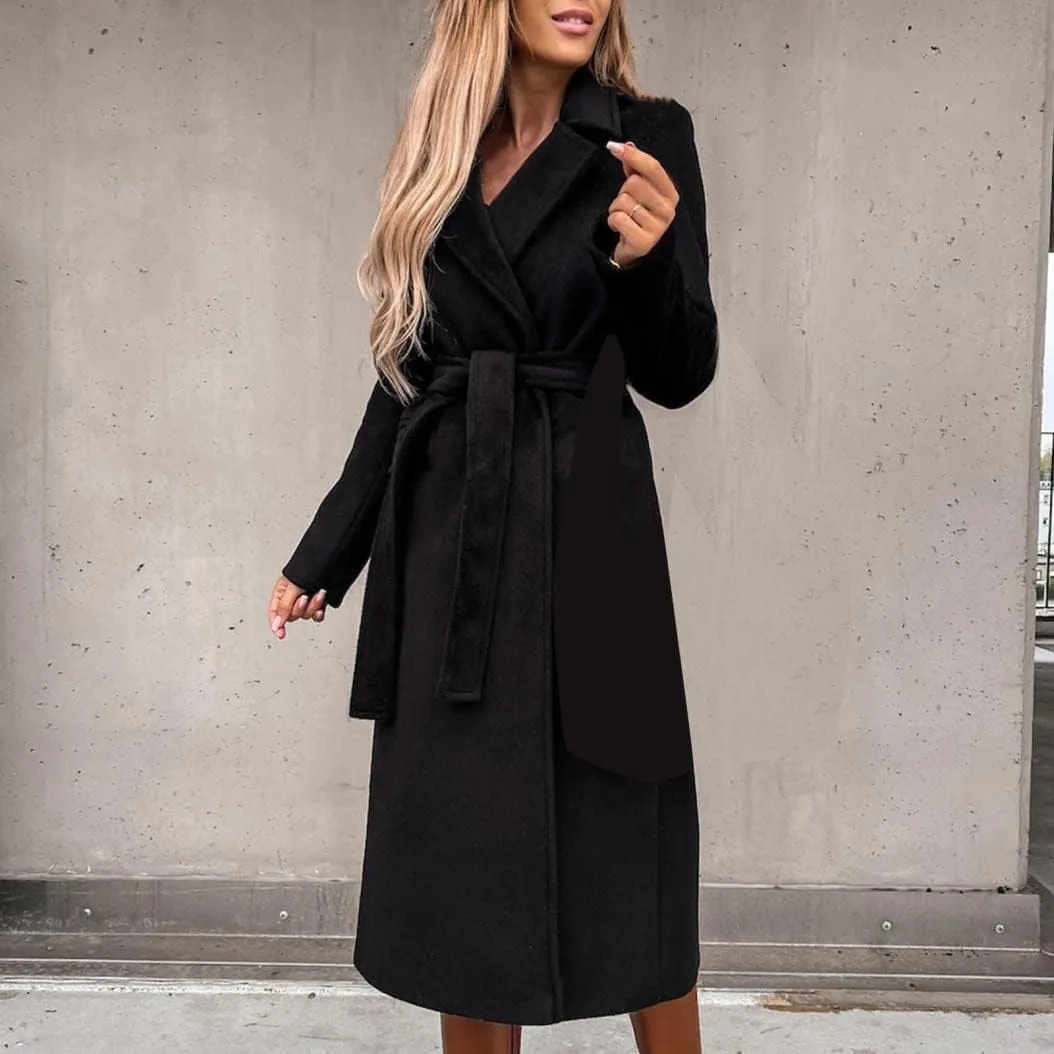 Fall Cardigan for Women 2022 Solid Lapel Collar Trench Coat Open Front Mid Length Wool Blend Coat Elegant Pea Coat
